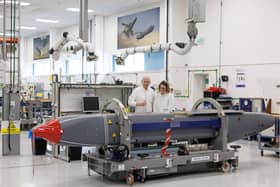 New factories will be built to produce long-range weapons for the Royal Navy, Army and RAF. Pictured:  Louise Holmes, MBDA UK Deputy Managing Director, shows Mr Healey a storm shadow missile on an assembly line at the MBDA Storm Shadow factory on May 31, 2025 in Stevenage, England.