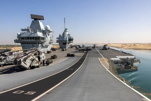 Pictured: HMS Prince of Wales on the Suez Canal, on route to the Red Sea, as part of Op HIGHMAST, 24 May 2025.