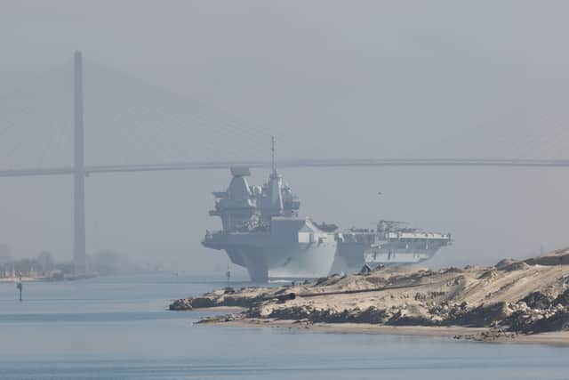 Pictured: HMS Prince of Wales sails under Al Salam Bridge whilst transiting the Suez Canal en route to the Red Sea as part of Operation Highmast.
HMS Dauntless along with the Carrier Strike Group transits the Suez Canal on 24th May 2025.