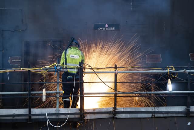 HMS Swiftsure, former Royal Navy nuclear submarine, being decommissioned.