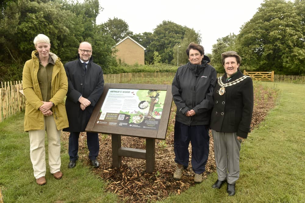 Pictured is: (l-r) Emily Roberts, senior project manager for Hampshire County Council's Forest Partnership, Simon Martin, leader of Fareham Borough Council, cllr Kay Mandry, Arthur Mandry's widow and the Mayor of Fareham Louise Clubley. 