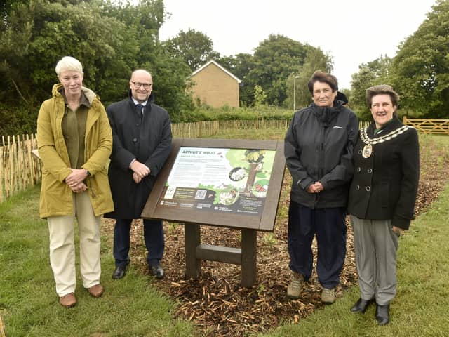 Pictured is: (l-r) Emily Roberts, senior project manager for Hampshire County Council's Forest Partnership, Simon Martin, leader of Fareham Borough Council, cllr Kay Mandry, Arthur Mandry's widow and the Mayor of Fareham Louise Clubley. 