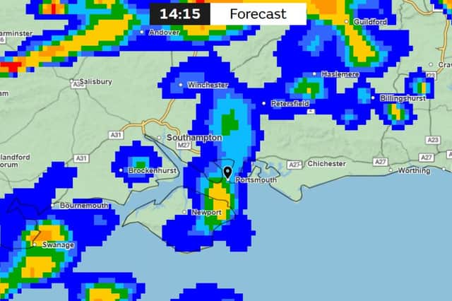 Met Office map shows when heavy rain is forecast to hit Portsmouth - 14:15 on June 7.