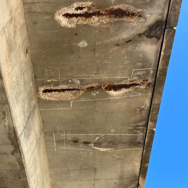   An example of the structural wear and tear on the bridges  at the M27 Junction 12 interchange