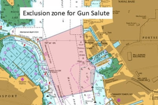 The exclusion zone which shows there maritime traffic will be blocked during specific times near Portsmouth Naval Base.
