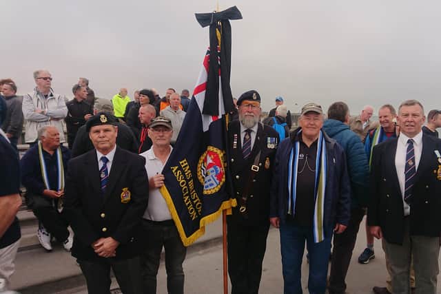 Former sailors of HMS Bristol, including Peter Featherstone-Williams, 67, former Leading Radio Operator in the Royal navy and chairman of the HMS Bristol Association