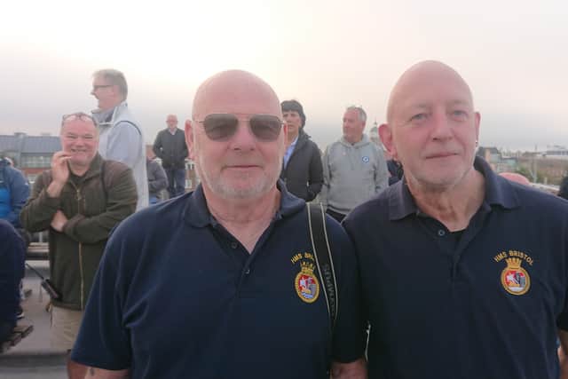 From L: Pete Brach, 66, of York, former Petty Officer Stoker on HMS Bristol, and Bob Perks, of the Isle of Wight, 64, Leading Marine Engineer. Both served on HMS Bristol during the Falklands War.