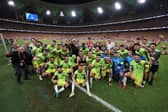 Australia celebrate making to the World Cup against Saudi Arabia. Pic: Getty