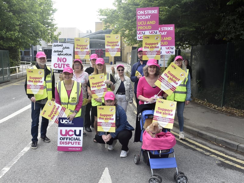 Staff across all three HSDC campuses have gone on strike over devastating job cuts following serious cash flow issues and a financial blackhole.
Pictured is: Staff and UCU officials at the picket line at HSDC in College Road, Waterlooville.
Picture: Sarah Standing (130625-7876)