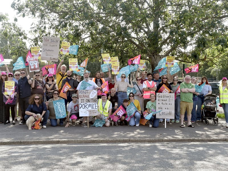 Staff across all three HSDC campuses have gone on strike over devastating job cuts following serious cash flow issues and a financial blackhole. 

Pictured is: Staff and UCU officials at HSDC in New Road, Havant.

Picture: Sarah Standing (130625-7876)