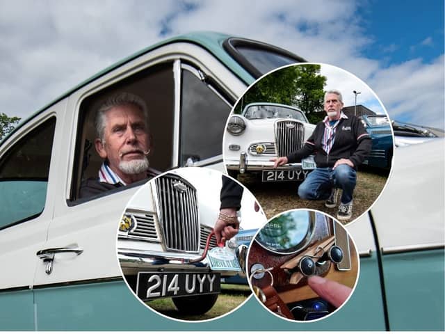 Dennis Jackson from Preston in his 1958 Wolesley classic car. Inset: Demonstrating how he uses a 'crank handle' to start the engine, and places a clothes peg on the choke button. All photos credit Lucinda Herbert