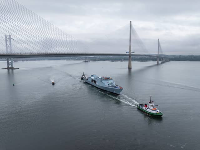 New Royal Navy ship HMS Venturer sails for the first time as she's tested in the Firth of Forth. The Type 31 vessel will soon be travelling to Portsmouth, where she will be based.