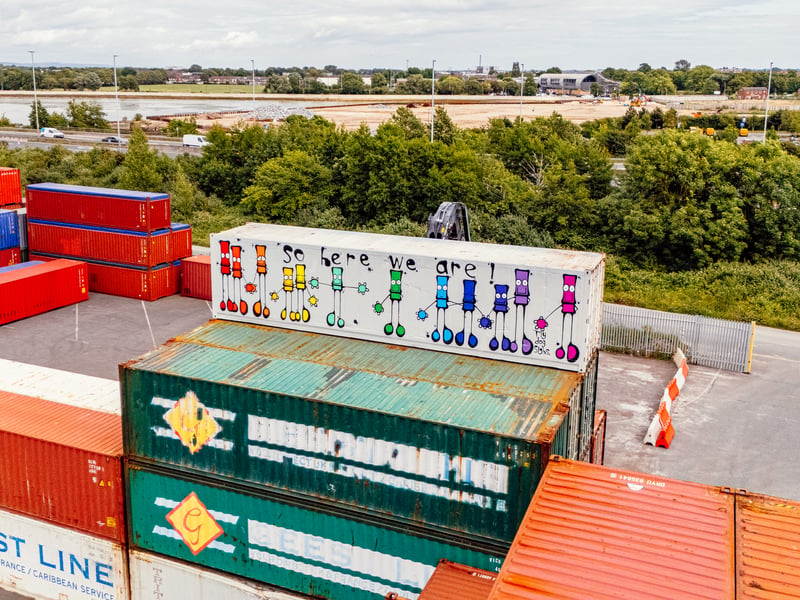 My Dog Sighs, a famous artist in Portsmouth, has teamed up with Victorious Festival to create a huge piece of artwork on a shipping container. 