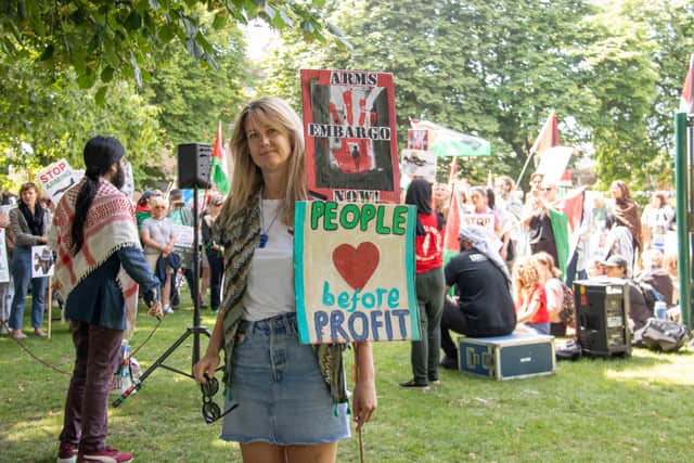 Pictured: People gathering at Havant Park calling for an Israel arms embargo.