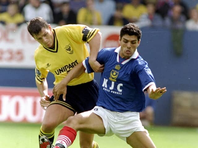John Aloisi battles with Oxford United's Phil Gilchrist in September 1998. Picture:  Clive Mason /Allsport