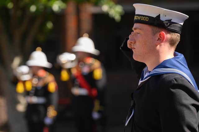Buglers playing the Last Post at the 82nd Anniversary of the Collingwood Bombing. Photograph courtesy of Keith Woodland/Crown Copyright