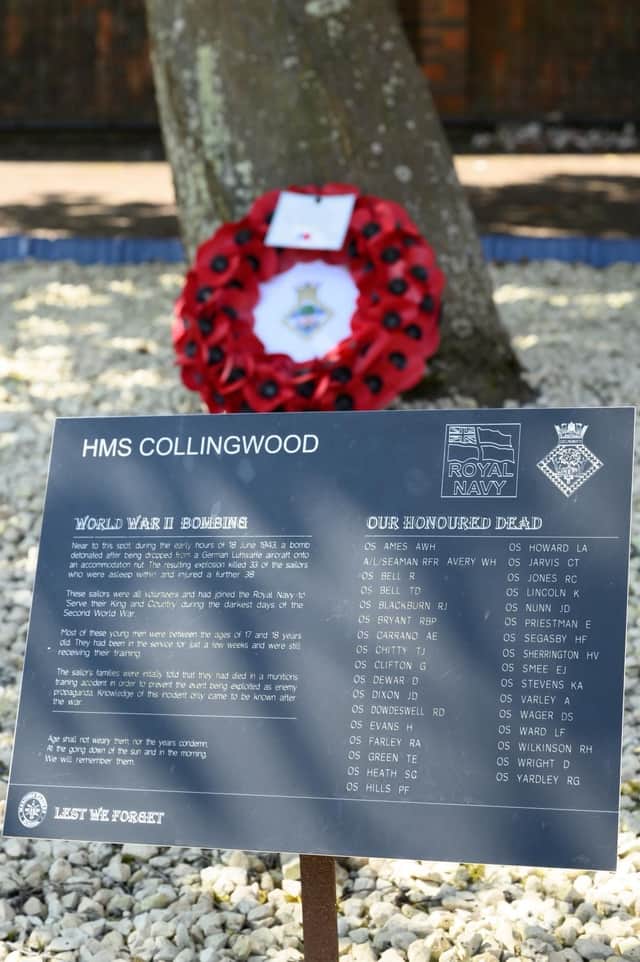 Plaque showing the names of the fallen at the remembrance tree for the 82nd Anniversary of the Collingwood Bombing. Photograph courtesy of Keith Woodland/Crown Copyright