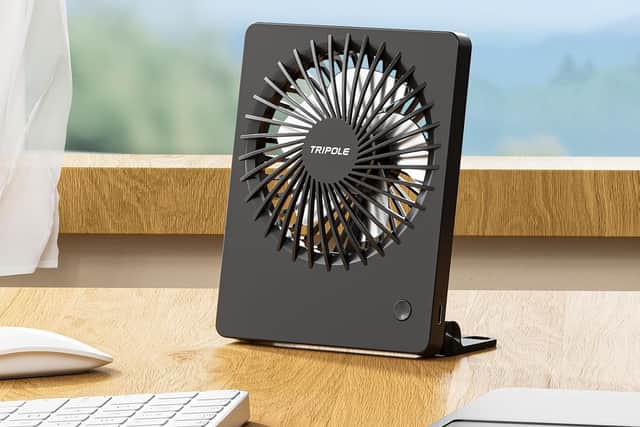 Its folding stand is ideal for desk or table tops
