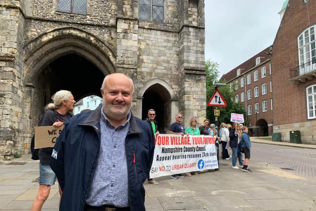 Ted Hill, Hamble resident and businessman, protesting at Hampshire County Council against the proposed quarry