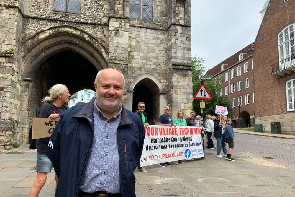 Ted Hill, Hamble resident and businessman, protesting at Hampshire County Council against the proposed quarry