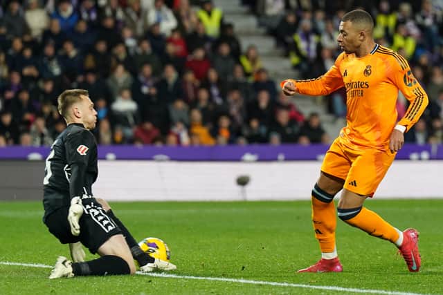 Arsenal keeper Karl Hein saves from Real Mardrid's Kylian Mbappe while on loan with Real Valladolid last season. Pic: Getty