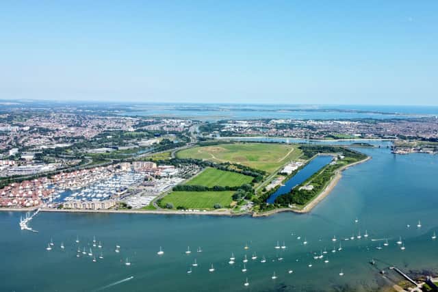 Royal Navy divers, based at Horsea Island in Portsmouth, were deployed to destroy a "high-explosive projectile" in the ports of Jersey. Pictured: Views of Horsea Island, Port Solent and beyond.