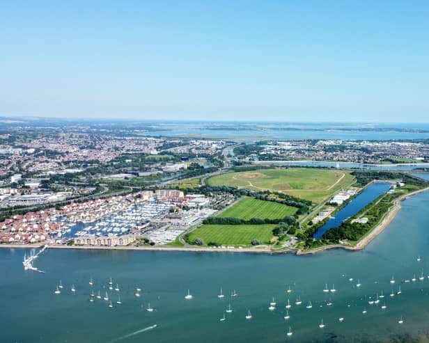 Royal Navy divers, based at Horsea Island in Portsmouth, were deployed to destroy a "high-explosive projectile" in the ports of Jersey. Pictured: Views of Horsea Island, Port Solent and beyond.