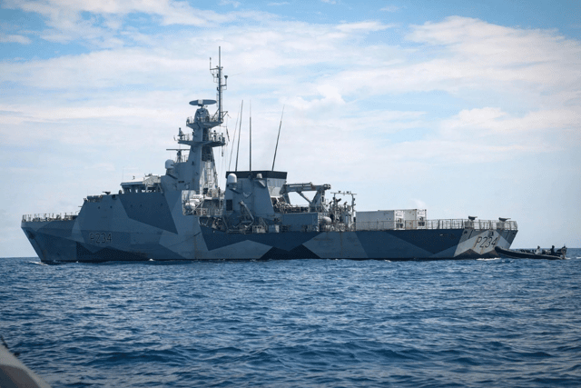 HMS Spey, a Royal Navy vessel, joined forces with the Japanese naval forces to enforce sanctions against North Korea.