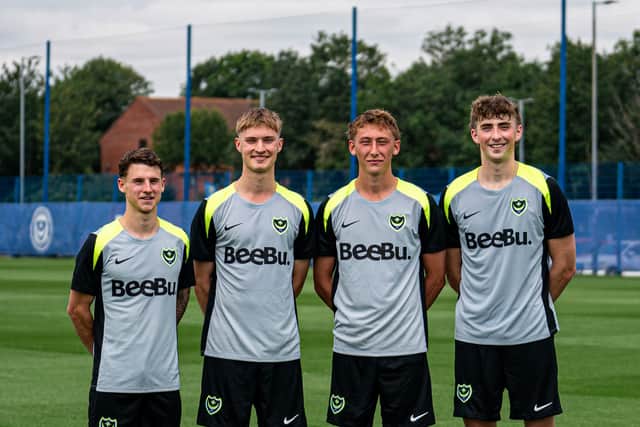 Jacob Farrell, second from right, has joined his other Aussie team-mates Adrian Segecic, Thomas Waddingham and Hayden Matthews in Pompey's pre-season training. Pic: Portsmouth FC