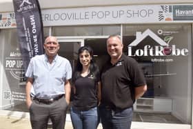 LoftRobe have become the latest inhabitants of the pop up shop in Wellington Way, Waterlooville. Pictured is: (l-r) Stuart Knight, MD of Cherrytech Group, Stephanie Farrugia, director at LoftRobe and James Eames, MD of LoftRobe. 