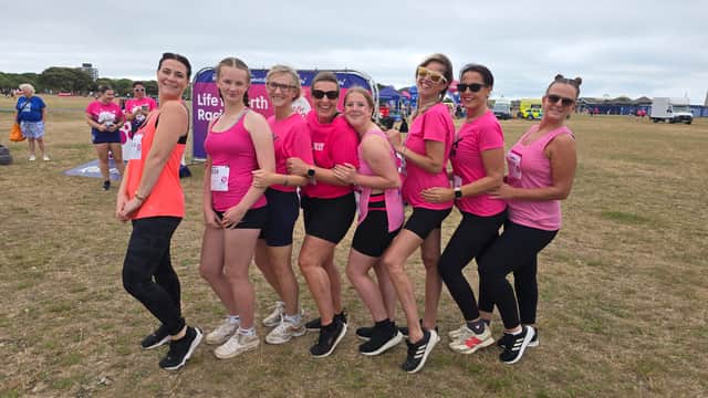 Sarah Muir (in sunglasses) took part in Pretty Muddy on her birthday and will finish breast cancer treatment on Monday