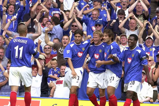 Teddy Sheringham scores Pompey's first Premier League goal against Aston Villa in 2003. Pic: PICTURE: MALCOLM WELLS ( 034085-73 )