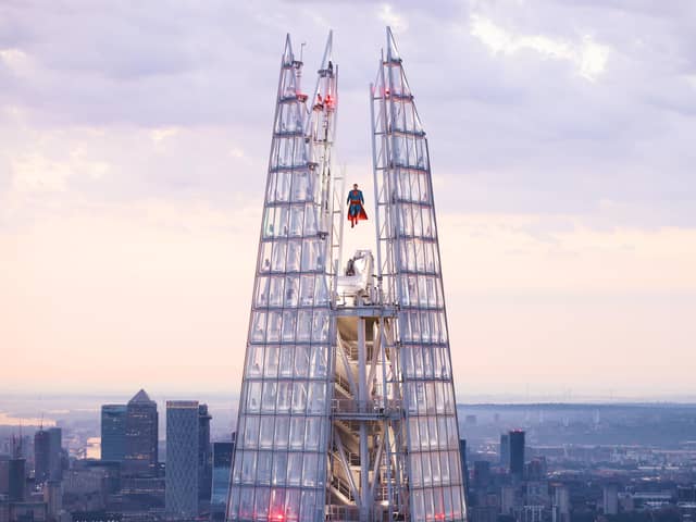 Superman soars above London in a spectacular display at the highest point of The Shard