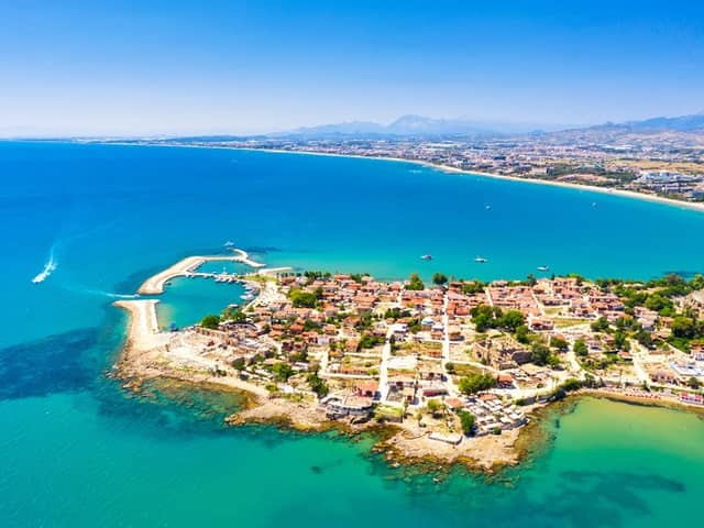 Aerial view of the coastline near Side, Antalya – a popular spot for all-inclusive beach holidays in Turkey
