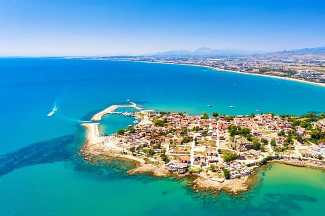 Aerial view of the coastline near Side, Antalya – a popular spot for all-inclusive beach holidays in Turkey