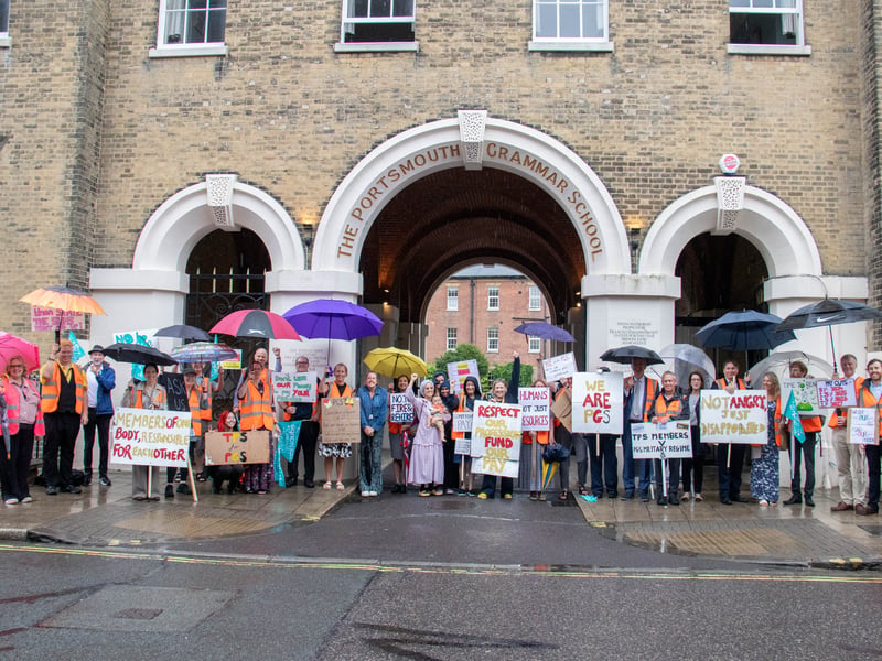 Teachers at Portsmouth Grammar School have gone on strike following an ongoing row regarding pensions. 

Pictured: Teachers and National Education Union reps at Portsmouth Grammar School

Picture: Habibur Rahman