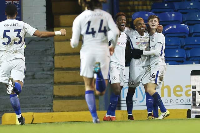 Charly Musonda celebrates one of his two goals for Chelsea against Pompey in 2018. Pic: Joe Pepler