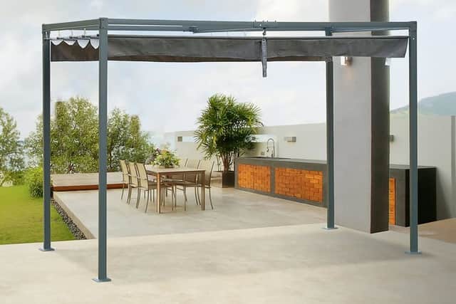 The canopy slides back and forth with a drawstring system