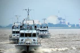 HMS Pursuer leads the P2000s out of Hamburg in formation to head back to the UK. They carried out a major Nato deployment in the Baltic.