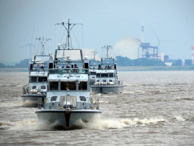 HMS Pursuer leads the P2000s out of Hamburg in formation to head back to the UK. They carried out a major Nato deployment in the Baltic.