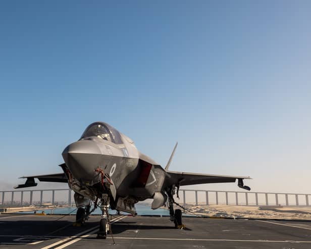An Indian tourism board has poked fun at the Royal Navy and RAF as an F-35B fighter jet has been stuck at a civilian airport for over two weeks. Pictured: An F-35B Lighting jet on the flight deck of HMS Prince of Wales as the ship passes under the Al Salam Bridge whilst transiting the Suez Canal on route to the Red Sea as part of Operation Highmast, May 24th 2025.