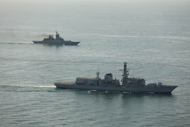 The Russian corvette Boikiy has been spotted in the English Channel escorting an oil tanker despite the UK warning that ships would be seized if they are part of Moscow’s shadow fleet. Pictured: HMS Iron Duke shadowing Boikiy in July 2025.