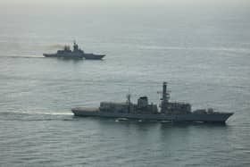 HMS Iron Duke and other Royal Navy assets were deployed from Portsmouth to stalk several Russian ships sailing in British waters. Pictured: The Type 23 frigate shadowing RFN Boikiy