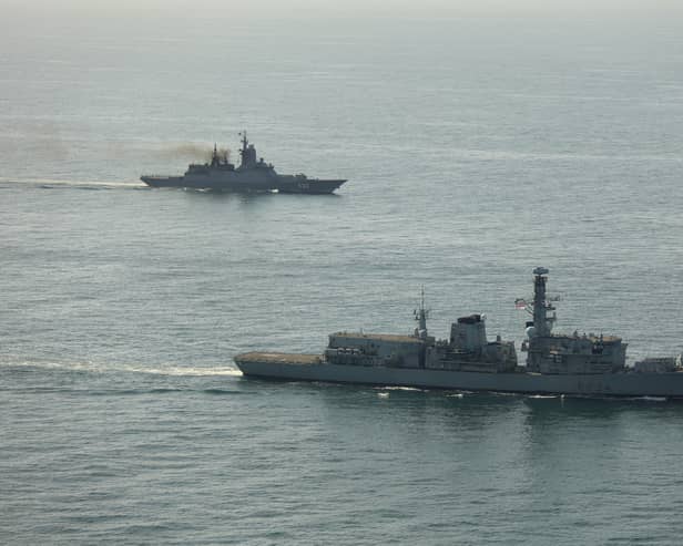 HMS Iron Duke and other Royal Navy assets were deployed from Portsmouth to stalk several Russian ships sailing in British waters. Pictured: The Type 23 frigate shadowing RFN Boikiy