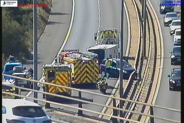 Traffic has been halted on the M27 this afternoon after a caravan overturned.