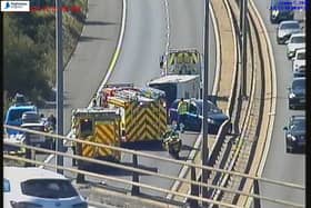 Traffic has been halted on the M27 this afternoon after a caravan overturned.