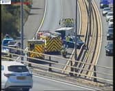Traffic has been halted on the M27 this afternoon after a caravan overturned.