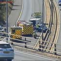 Traffic has been halted on the M27 this afternoon after a caravan overturned.