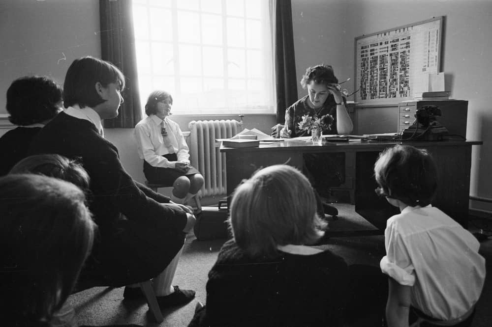 Dorothy Masterman, headteacher of Hilsea School, Portsmouth,with some of her pupils in September 1965