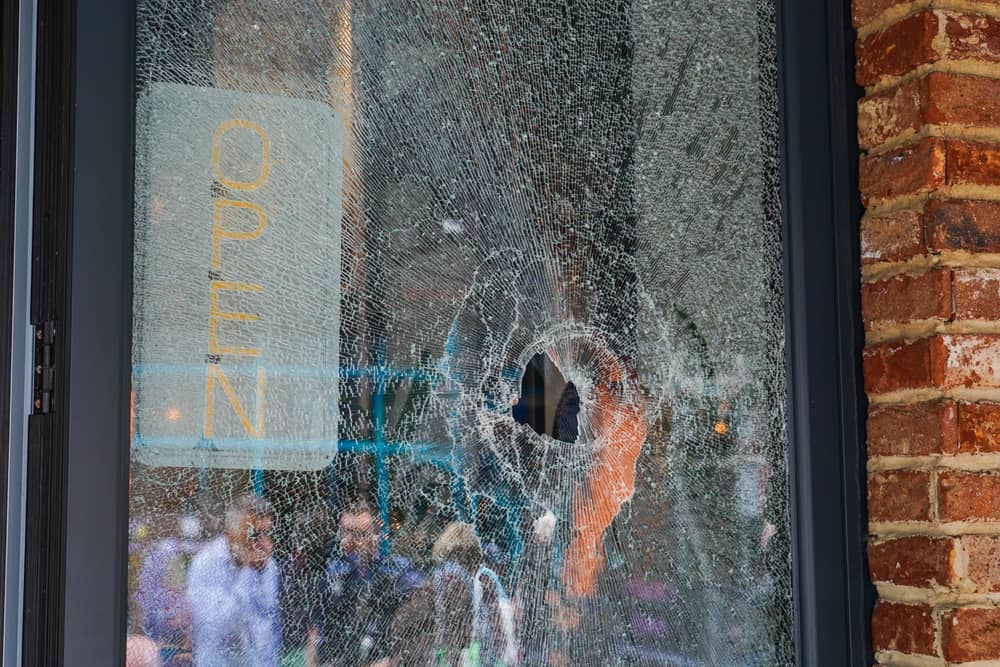 One of the smashed windows at Farm Kitchen in Palmerston Road.